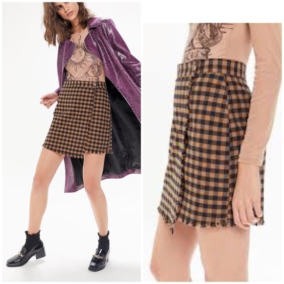 Urban Outfitters Brianna Blanket Wrap Skirt Gingham Check Cotton Mini Size Small - Picture 1 of 11